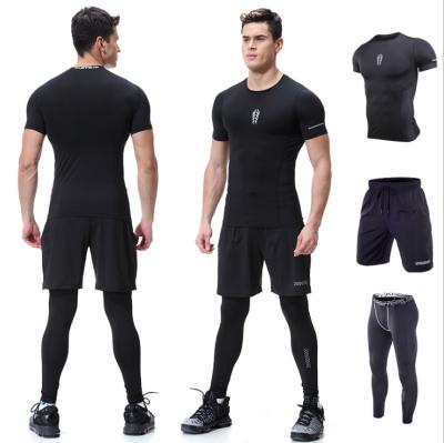 China Antibacterial Mens Dry Fit T-Shirt Gym Shorts Suite Capri Gaiters Three Piece Fitness Top Compression Garment Clothing Sets For Man for sale