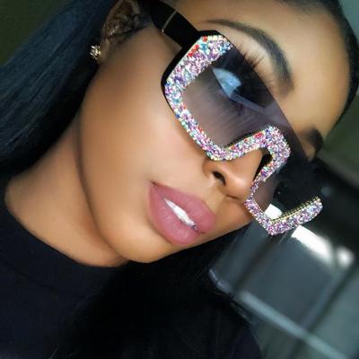 China Fashion Sunglasses 81609 Fashion Vintage Luxury Women Half Frame Rhinestone Square One-Piece Sunglasses for sale