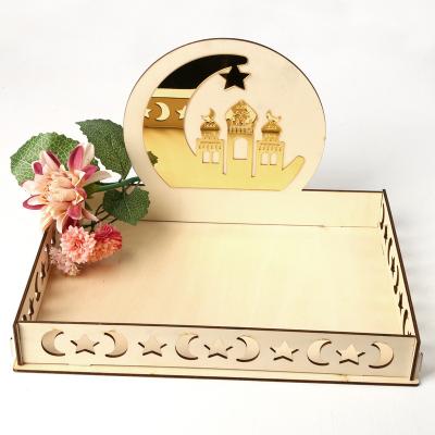 China Ramadan Decoration Supplies Wholesale Ramadan Stocked Eid Food Serving Tray Laser Cut Ramadan Tray Wood Tray for sale