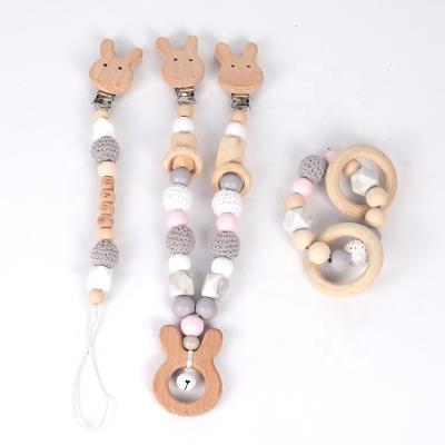 China Toy New Soft Wooden 3 Piece Beech Teether Rabbit Pacifier Chain Teether Set Stroller Chain Bracelet Set For Baby for sale