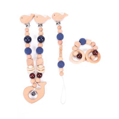 China 3 Pieces Beech Whale Pony Stroller Chain Set Pacifier Chain Set Pacifier Teether Set Bracelet Bell Rattle Wooden Toys Baby Soft Toys for sale