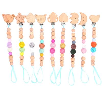 China BPA Free Hand Knitted Wooden Animal Beads Pacifier Chain Crochet Beech Wool Beads Cartoon Clip for sale