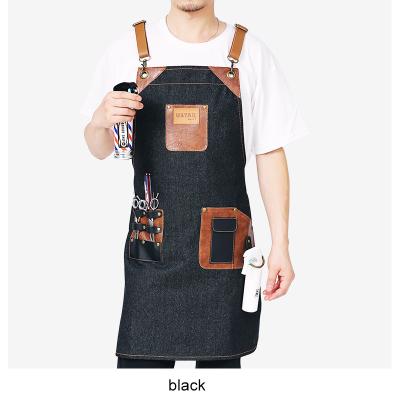 China Adjustable Shoulder Strap Hair Salon Black Canvas Apron Barber Tools Bag Apron With Leather Pocket for sale