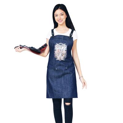 China Hair Stylist Hair Dresser Apron Cotton Denim Kitchen Apron Uniform Apron With Tool Bag for sale