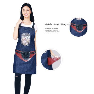 China Cheap Custom Hair Stylist Apron For Kitchen Wholesale Apron Denim Cotton Uniform Apron With Tool Bag for sale