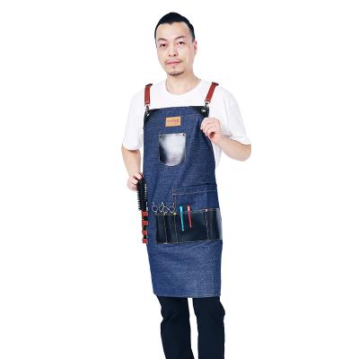 China Kitchen Waterproof Denim Cotton Hair Stylist Apron Uniform Apron With Tool Bag for sale