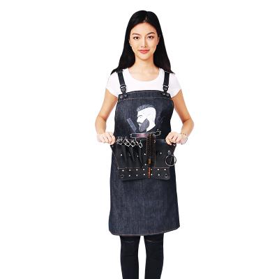 China Fashion Vintage Black Denim Apron Barber Tool Bag Leather Aprons Hair Salon for sale