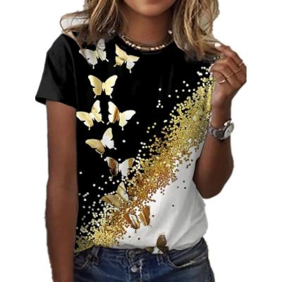 China New Lady's Anti-Wrinkle Butterfly 3D Floral Print T-shirt Female Animal Oversized T-shirt Design Slotted Neck Round Sense Casual Clothing for sale