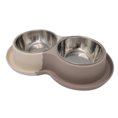 China 2030102 Non-automatic 2 in 1 bamboo fiber double color cat dog bowl with stainless steel tank for sale