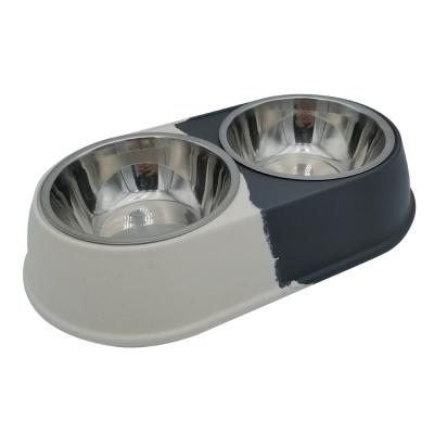 China 2030103 Non-automatic Bamboo Fiber Stainless Steel 2 In 1 Cat Dog Water Food Drinking Bowl For Dog Cat for sale