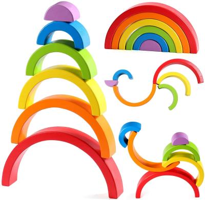 China DIY TOY Wooden Rainbow Stacker Nesting Puzzle Blocks Educational Toys for Kids Baby Toddlers for sale