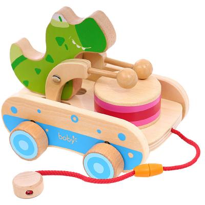 China Hand Pulled Rope Toy Car Drag Car Drum Soft Children Design Rhythm Walker Baby Toddler Sports Montessori Educational Wooden Toys for sale