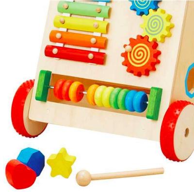 China Soft Wooden Baby Push Walker Kids Toddler Toys Sit-to-Stand Wooden Toy Trolley Puzzle Walker Toy Toddler Learning Walker Trolley for sale