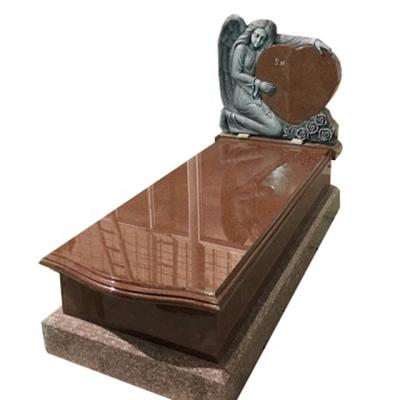 China Modern Antique Heart Shape Indian Red Granite Tombstone Monument Headstone With Weeping Angel Sitting for sale