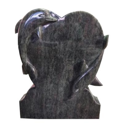 China New Zealand Modern Olive Green Granite Headstone Memorial Monument With Dolphin Heart for sale