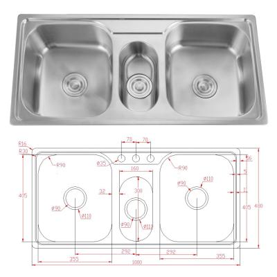 China Without Faucet Stainless Steel Triple Bowl Sink for sale