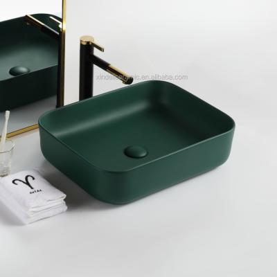 China Matte Green Unique Colored Basin Modern Rectangular Shape Bathroom Ceramic Wash Hand Sink for sale