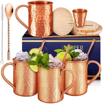 China Sustainable Gift Set Moscow Mule Mugs Set Of 4 Cylindrical Shape 16 Ounce Solid Genuine 100% Pure Copper Mugs for sale