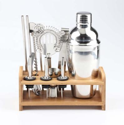 China Sustainable Advance Cocktail Shaker Set With Wooden Stand Cocktail Shaker Set Bartender for sale