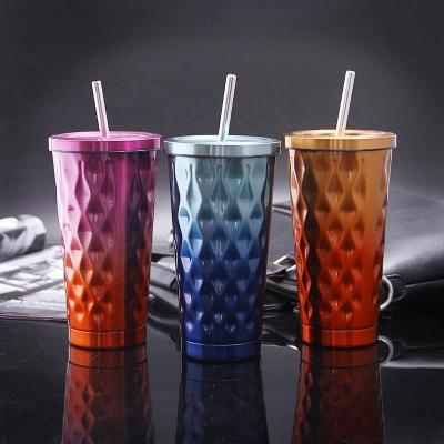 China Sustainable Gradient Color Stainless Steel Vacuum Cup Mugs With Straw for sale