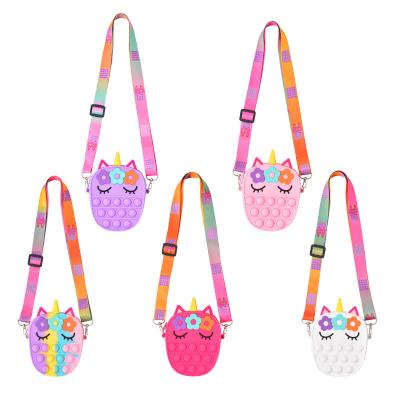 China 2021 Fashion Factory Kids Soft Silicone Push Bubble Doll Burger He Wiggle Bag Coin Unicorn Purse for sale