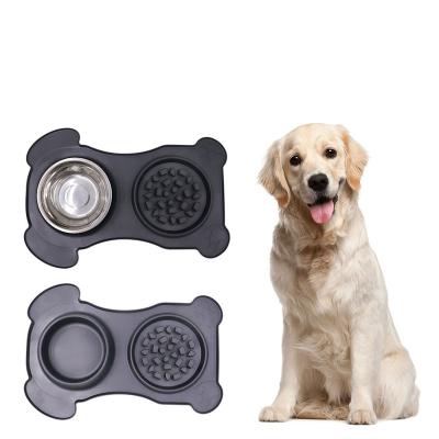 China Large Sustainable Double Dog Wheels Pet Feeder Slow Bowl and Stainless Steel Water Bowl with Non-Drip Silicone Tray Bone Shape Non-Slip Mat for sale