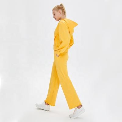 China Custom QUICK DRY Logo Zipper Hoodies +Sport Bra+Solid Yellow 3 Piece Casual Panty Set Women Hoodies Set for sale