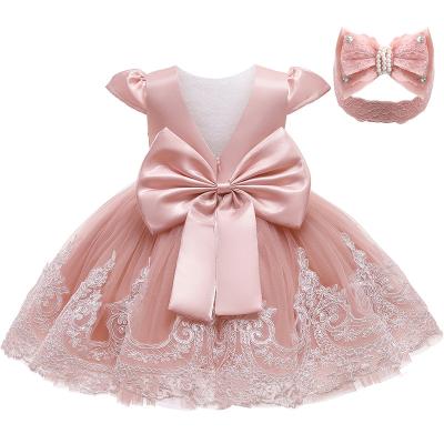 China LZH Toddler Baby Clothing Girl Bowknot Lace Princess Dresses With Headwear Baby 1 Year Birthday Dress for sale