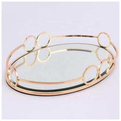 China Sustainable Glass Mirror Perfume Tray Gold Decorative Fruit Wrought Iron Storage Dish for sale