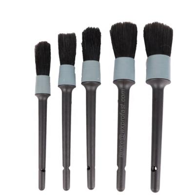 China For Car Wash 5-Set Interior Brush PP Black Handle Gray Circle Black Pig Hair Stiffen Auto Detailing Brush For Trim Interior Leather Wheels for sale