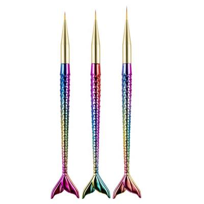 China Goods 3 PCS Nail Art Brush Painted Carved Hook Pen Tail Pull Line Mermaid Gradient Color Handle Pen for sale