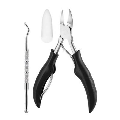 China Promotion Large Durable Black Handle Cuticle Nipper Set Stainless Steel Ingrown Toenail Clipper For Thick Toenails With Cuticle Pusher for sale