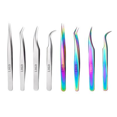 China Durable 4 PCS Eyelash Tweezers Set Tools Rainbow Stainless Steel Tweezers Professional False Eyelash Extension Tweezers for sale