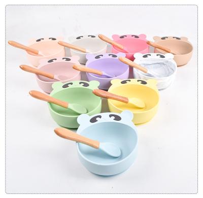 China BPA Free Cute Bear Silicone Baby Suction Bowls With Wooden Spoon Set Food Silicon Feeding Bowl Babi Dinner For Kids Gift for sale