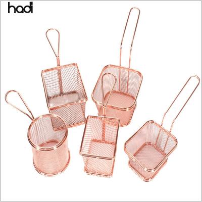 China Sustainable Wholesale Restaurant Morden Food Supply Rectangular Serving Basket Rose Gold Stainless Steel French Fries Basket for sale