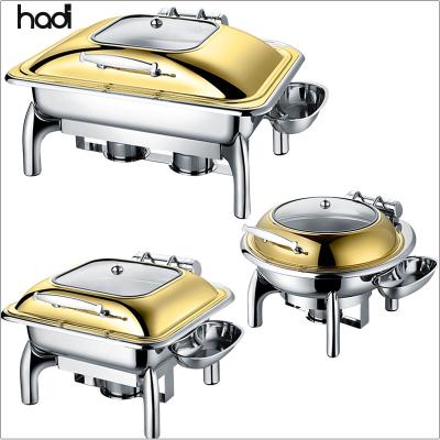 China Cafeteria Serving Restaurant Chafing Dish Supplies Stainless Dish Food Warmer High Quality Shafing Polishing And Gold Chafing Dish Buffet Set Glass Lid for sale