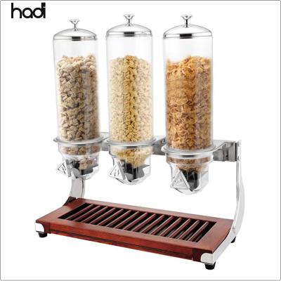 China Modern Hot Modern Acrylic Bulk Sale Restaurant Food Dispenser Triple Head Wall Mounted Cereal Dispenser / 3 Head With Wooden Board for sale