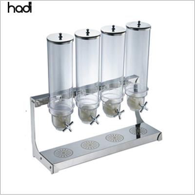 China Guangzhou automatic hadi buffet multiple heads acrylic bulk cereal dispenser 4 heads stainless steel rack container storage set with dispensers for sale