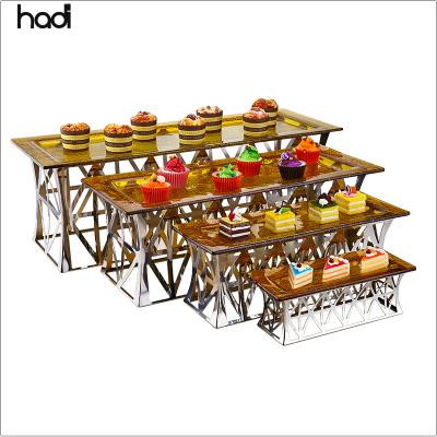 China Modern Buffet Utensil Cafeteria Food Display Rack Stainless Steel Rectangular Display Riser Modern Catering Elevation Stands With Glass for sale