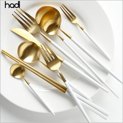 China Vintage Luxury Commercial Restaurant Supplies Canton Gold Plated Stainless Steel Cutlery Set With White Handle for sale