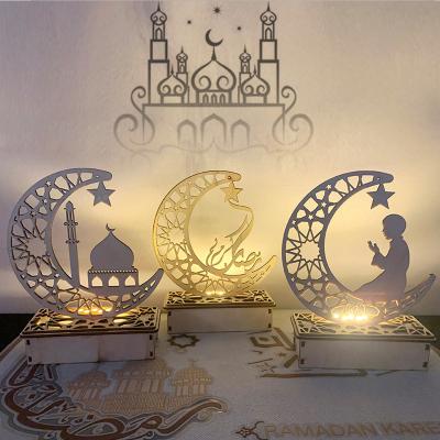 China Wooden Wooden islamic Ramadan Eid Mubarak Ramadan moon hollow out letters with LED lights Eid Mubarak decoration for sale