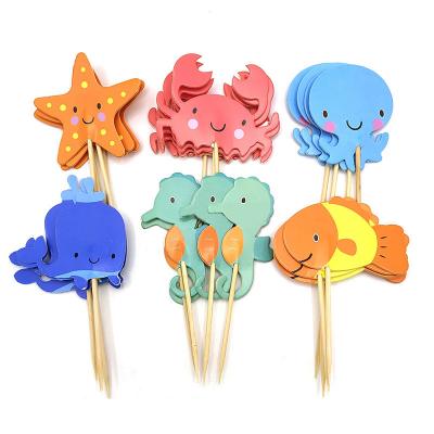 China Paper 24pcs Ocean Animal Cupcake Toppers Under the Sea Party Cake Flags Boy Baby Shower Mermaid Theme Birthday Party Cake Decorations for sale