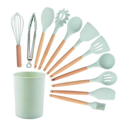 China 12pcs Viable in 1 Set Wooden Handle Kitchenware Stick Accessories Silicone Non Cooking Kitchen Utensil Set Tools with Holder Box for sale