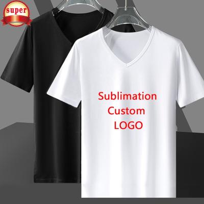 China Anti-wrinkle t-shirt v neck fashion trim color men's empty T-shirt plain pattern plain pattern polyester shirts for sublimation for sale