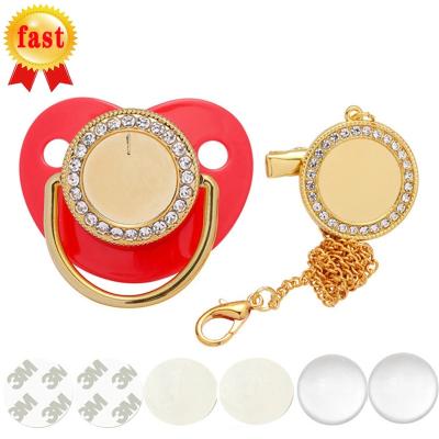 China BPA Free Gold Luxury Custom To Print Sublimation Pacifier Masks Bling Pacifier Holder Sublimation Baby Pacifier Clip And Chain Disc for sale