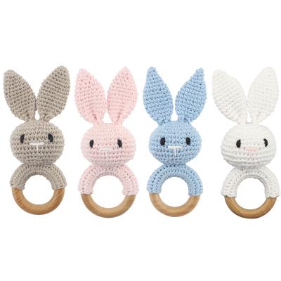 China Musical customized high quality cute little animal rabbit handmade crochet baby wooden teether rattle toy for sale