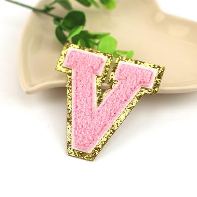 China Wholesale Self Adhesive Pink With Gold Border English Letter Iron On Adhesive Alphabet Sewing Repair Applique Apparel Chenille Patches for sale