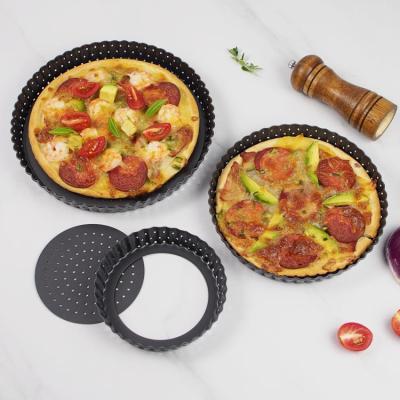 China Starck Disposable Set of 3 Carbon Steel Non-Stick Round Perforated Pizza Baking Pans with Removable Bottom for sale