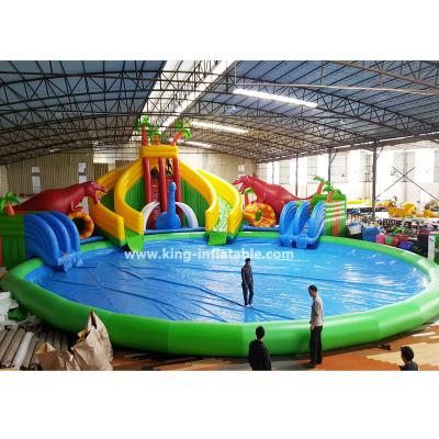 China Plato Brand PVC Tarpaulin Large Dinosaur Cartoon Inflatable Water Park With Slides For Sports Games Large Size Pools Play Equipment for sale