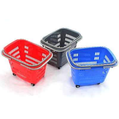 China Unfolding Customization Wholesale Supermarket Plastic Shopping Baskets Trolley With Wheels for sale